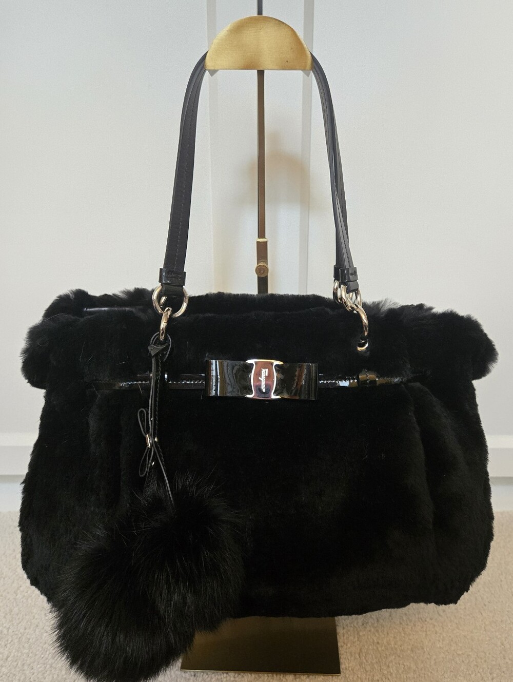 Salvatore Ferragamo Black Fur Shoulder Bag Large Silver